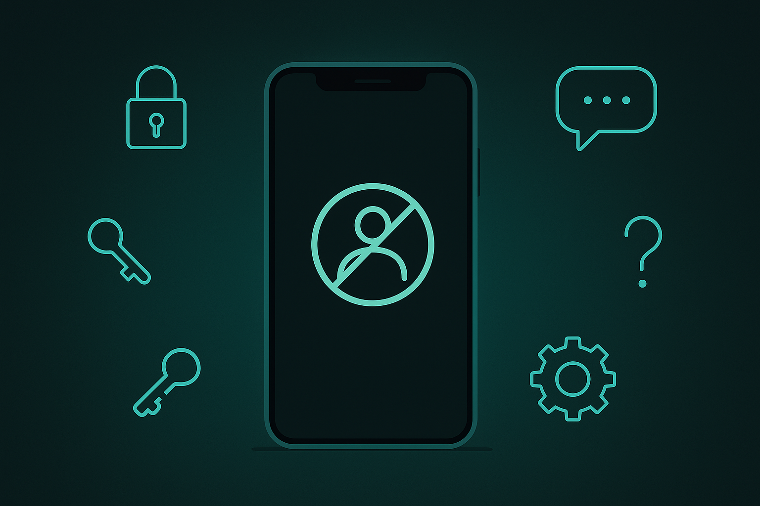 Ilustração de celular com ícone de conta bloqueada, cercado por ícones de cadeado, chave e suporte
