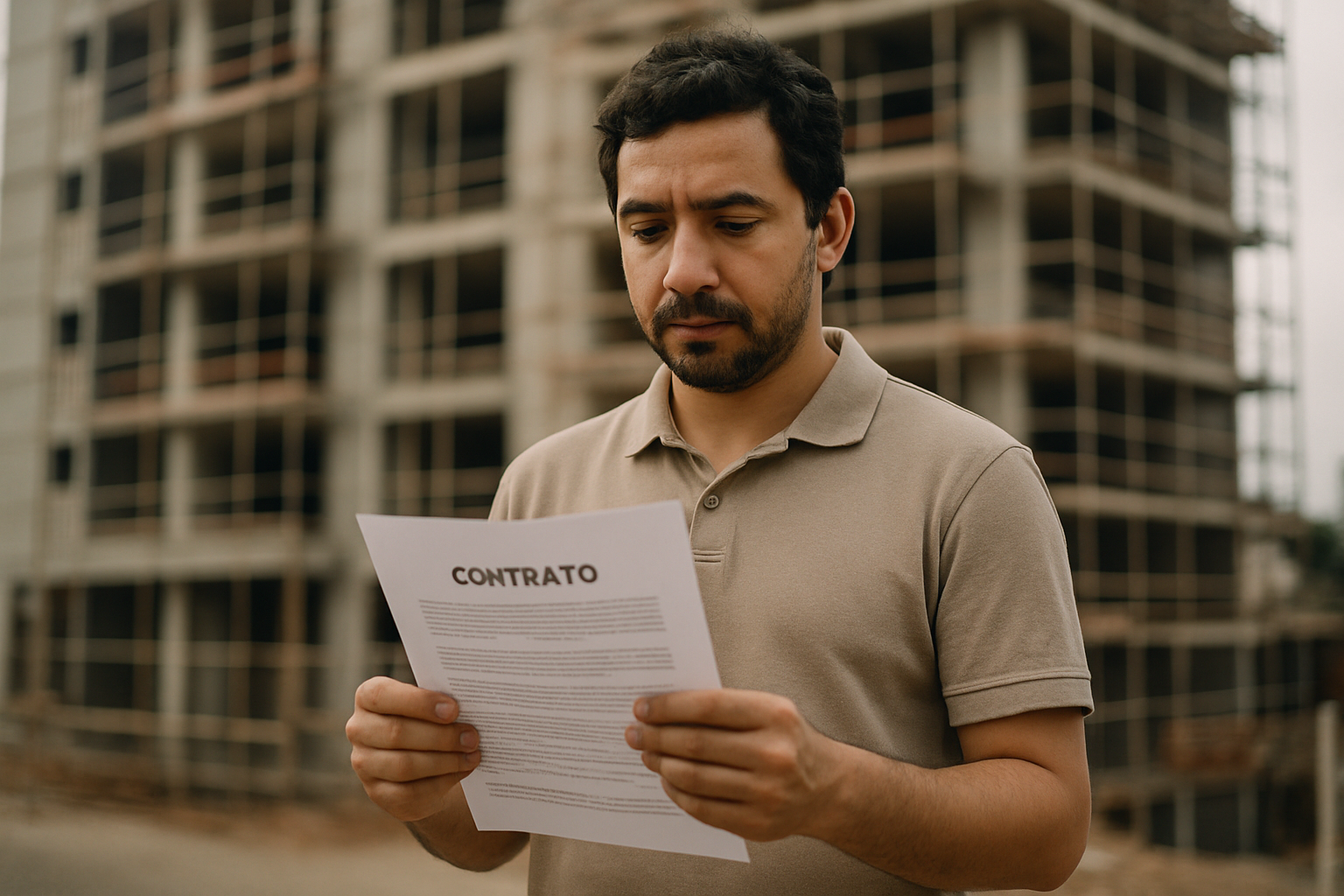 Homem segurando o contrato em frente a um prédio em construção da incorporadora