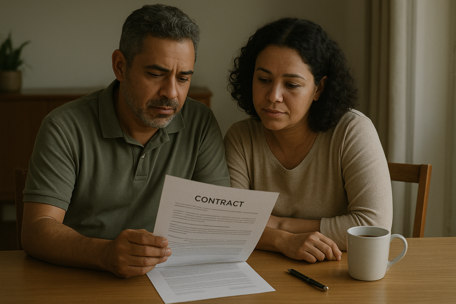Casal analisando em casa um contrato de compra de imóvel, avaliando o distrato