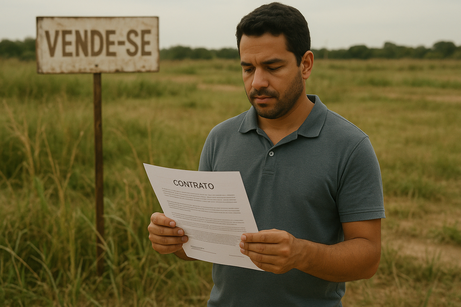Terreno loteado com placa de vende-se, sem construção, e contrato de compra do lote em mãos
